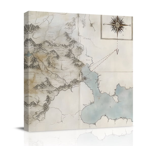 Canvas Wall Art, Retro Map Framed Canvas Prints for Bathroom Desk, Middle Century Rustic Mountain Ocean Landscape Small Gallery Wrapped Wall Decor for Home Office, Gifts, 8"x8" Ship Next Day