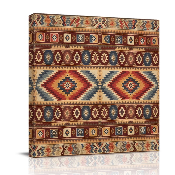 Canvas Wall Art, Retro Southwest Framed Canvas Prints for Bathroom Desk, Boho Aztec Tribal Abstract Geometric Small Gallery Wrapped Wall Decor for Home Office, Gifts, 8"x8" Ship Next Day