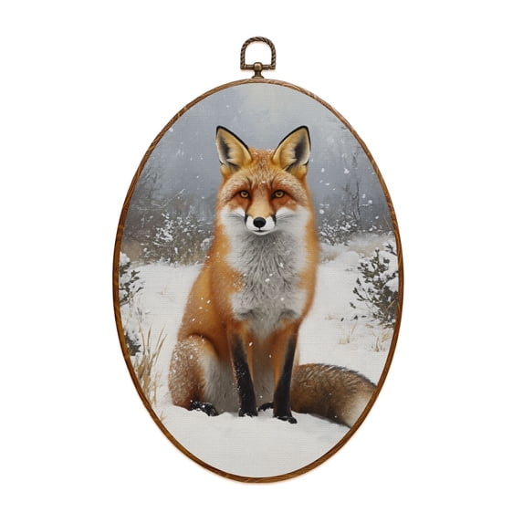 Canvas Wall Art Retro Vintage Snowy Forest Wildlife Fox Rustic Winter Farmhouse Cabin Oval Framed Canvas Prints Hunting Theme Wall Hanging Decor for Cabin Lodge 8.6"x11.4"
