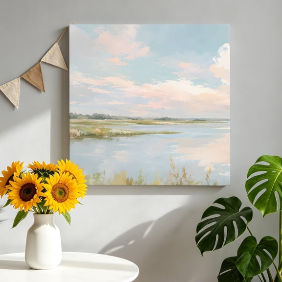 Canvas Wall Art River Cloud Canvas Art Print Spring Rustic Green Meadow Reeds Nature Landscape Pictures Wall Decor for Living Room Bedroom Artwork Decorations Stretched Framed Ready to Hang 8"x8"