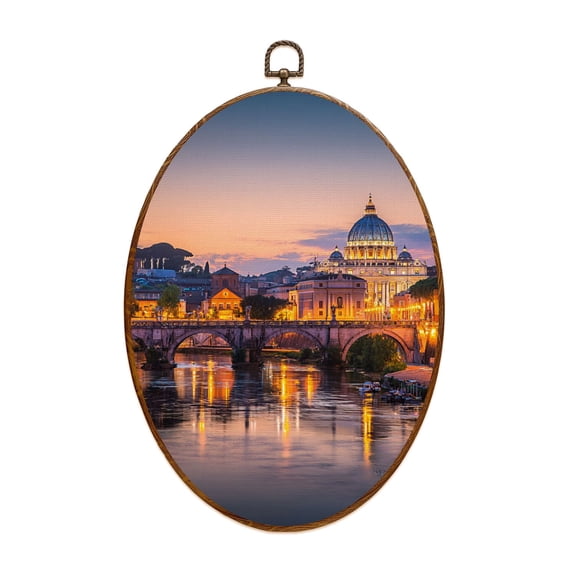 Canvas Wall Art Rome sunset Tiber St Peters Basilica Vatican Italy Oval Framed Canvas Prints Vintage Wall Hanging Decor for Home Decorations 8.6"x11.4"