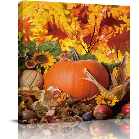 Canvas Wall Art Room Decor Autumn Leaves Happy Thanksgiving Pumpkin Yellow Fall Themed Pictures Modern Poster Print for Bedroom Living Room Kitchen Bathroom Home Office Decoration, Framed 12x12in