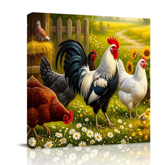 Canvas Wall Art Rooster Hens Animal Canvas Art Print Rustic Farmhouse Flowers Country Farm Pictures Wall Decor for Living Room Bedroom Artwork Decorations Stretched Framed Ready to Hang 8"x8"