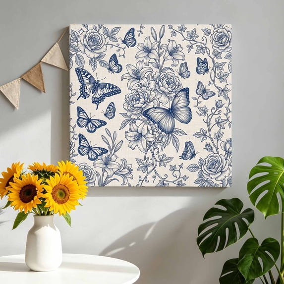 Canvas Wall Art Rose Butterfly Canvas Art Print Vintage Farmhouse Floral Navy Blue Flower Botanical Wall Decor for Living Room Bedroom Artwork Decorations Stretched Framed Ready to Hang 16"x16"
