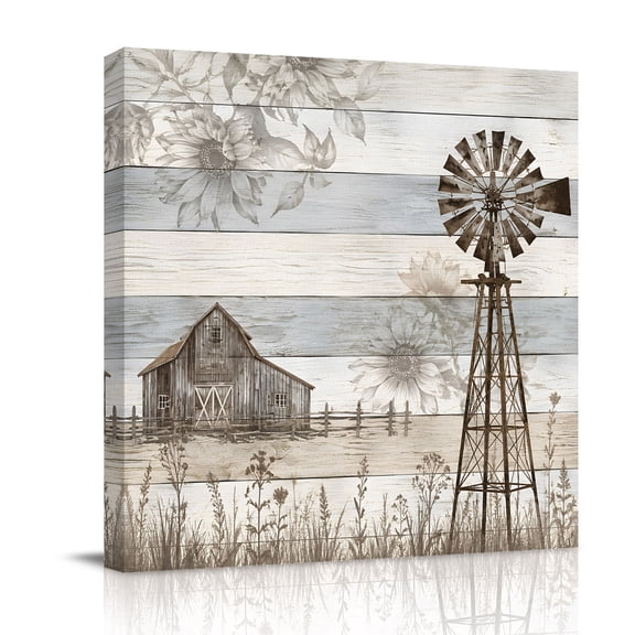 Canvas Wall Art, Rustic Barn Framed Canvas Prints for Bathroom Desk, Wild Sunflowers Windmill Brown Gray Wooden Small Gallery Wrapped Wall Decor for Home Office, Gifts, 8"x8" Ship Next Day