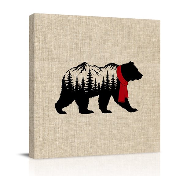 Canvas Wall Art, Rustic Bear Cabin Christmas Framed Canvas Prints for Bathroom Desk, Vintage Xmas Retro Art Small Gallery Wrapped Wall Decor for Home Office, Gifts, 8"x8" Ship Next Day