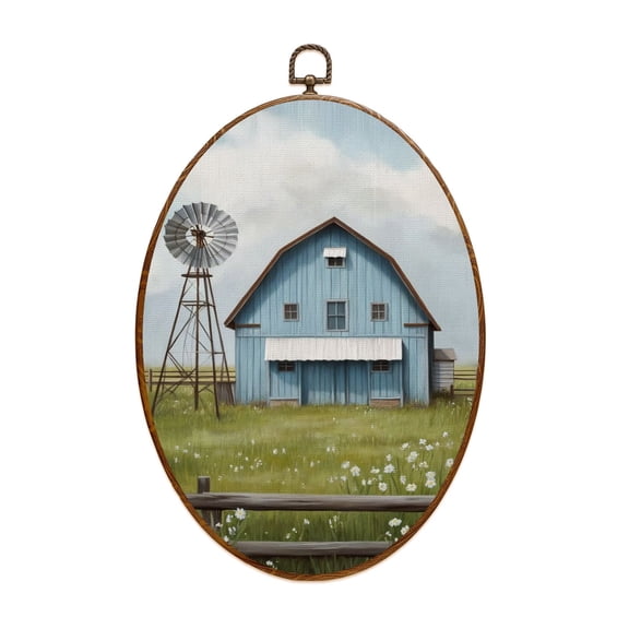 Canvas Wall Art Rustic Farmhouse Style Barn Windmill Grass Clouds Blue Color Palette Oval Framed Canvas Prints Gallery Artwork for Living Room Bedroom Office Apartment 8.6"x11.4"