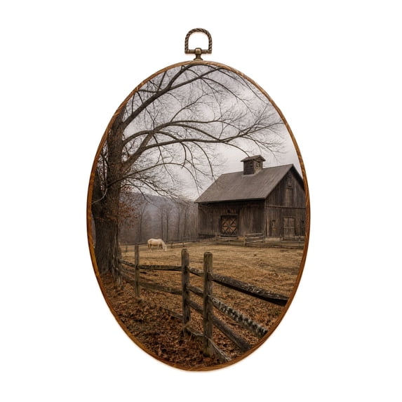 Canvas Wall Art Rustic Farmhouse Vintage Barn Country Field Landscape Rustic Barn Open Oval Framed Canvas Prints Vintage Wall Hanging Decor for Home Decorations 8.6"x11.4"
