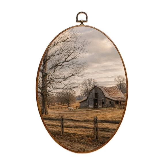 Canvas Wall Art Rustic Farmhouse Vintage Barn Country Field Landscape Rustic Barn Open Oval Framed Canvas Prints Vintage Wall Hanging Decor for Home Decorations 8.6"x11.4"