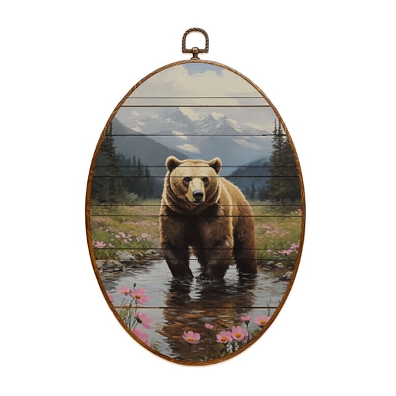 Canvas Wall Art Rustic Forest Bear Farmhouse Wildlife Cabin Nature Mountain Brown Bear Oval Framed Canvas Prints Hunting Theme Wall Hanging Decor for Cabin Lodge 8.6"x11.4"