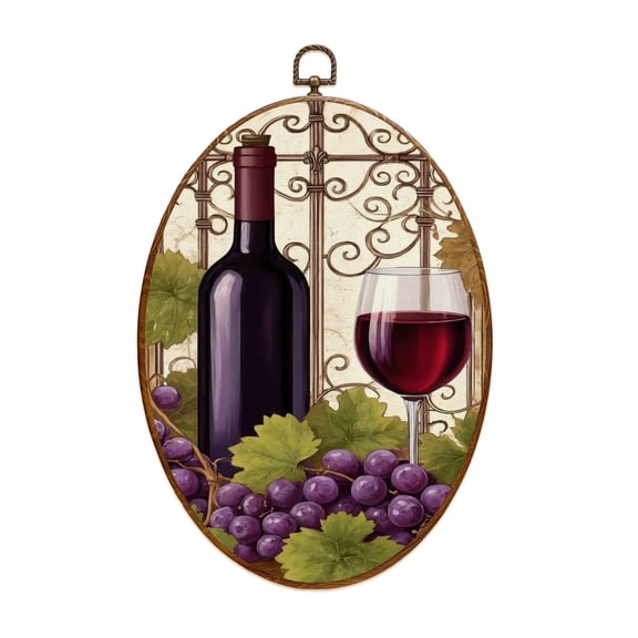 Canvas Wall Art Rustic Red Wine Grape Farmhouse Wine Bottle Wine Glass Grape Clusters Oval Framed Canvas Prints Vintage Wall Hanging Decor for Kitchen Dining Room Bar Home Restaurant 8.6"x11.4"