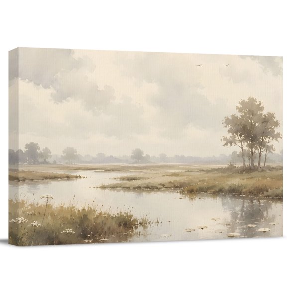 Canvas Wall Art, Rustic River Stream Framed Artwork for Living Room, Country Field Plants Pastoral Landscape Gallery Wrapped Canvas Prints Art Ready to Hang Wall Decor for Bathroom Hallway, 10"x8"