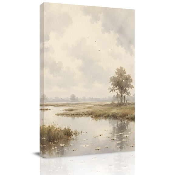 Canvas Wall Art, Rustic River Stream Framed Canvas Prints for Living Room Bedroom, Country Field Plants Pastoral Landscape Extra Large Gallery Wrapped Wall Decor for Home Office, Gifts, 24"x36"