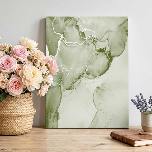 Canvas Wall Art Sage Green Abstract Canvas Art Print Silver Marble Ripples Pictures Wall Decor for Living Room Bedroom Artwork Decorations Stretched Framed Ready to Hang 8"x12"