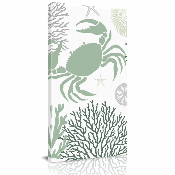 Canvas Wall Art, Sage Green Crab Coastal Framed Canvas Prints for Living Room Bedroom, Summer Coral Nautical Oversized Gallery Wrapped Wall Decor for Home Office, Gifts, 40"x60" Ship Next Day