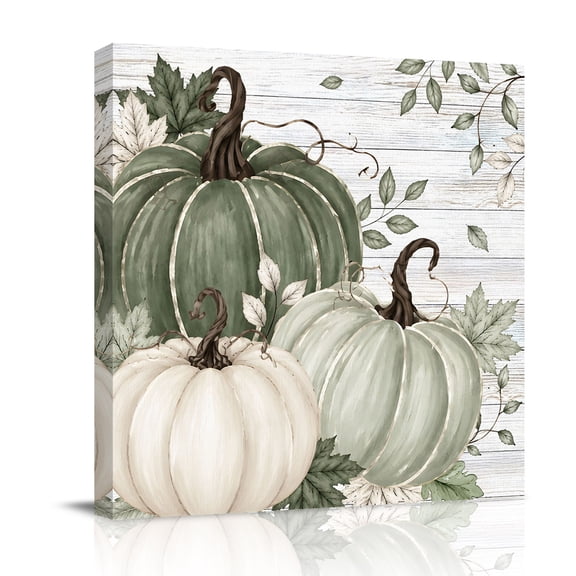 Canvas Wall Art, Sage Green Fall Framed Canvas Prints for Bathroom Desk, Thanksgiving Pumpkins Botanical Harvest Small Gallery Wrapped Wall Decor for Home Office, Gifts, 8"x8" Ship Next Day