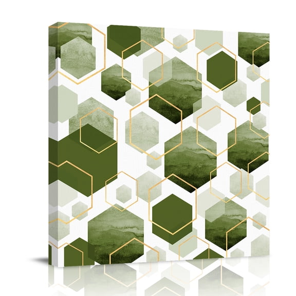 Canvas Wall Art, Sage Green Marble Framed Canvas Prints for Bathroom Desk, Gold White Geometric Hexagon Modern Small Gallery Wrapped Wall Decor for Home Office, Gifts, 8"x8" Ship Next Day