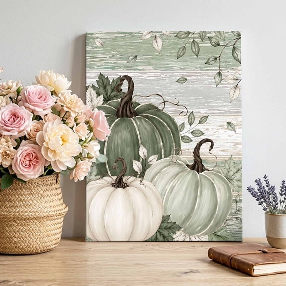 Canvas Wall Art, Sage Green Pumpkins Fall Framed Canvas Prints for Living Room Bedroom, Thanksgiving Autumn Botanical Vintage Large Gallery Wrapped Wall Decor for Home Office, Gifts, 16"x20"