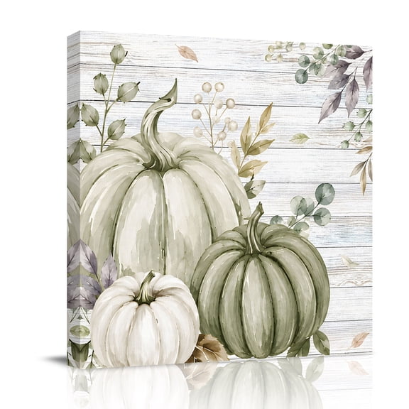 Canvas Wall Art, Sage Green Pumpkins Framed Canvas Prints for Bathroom Desk, Fall Thanksgiving Autumn Wood Grain Small Gallery Wrapped Wall Decor for Home Office, Gifts, 8"x8" Ship Next Day