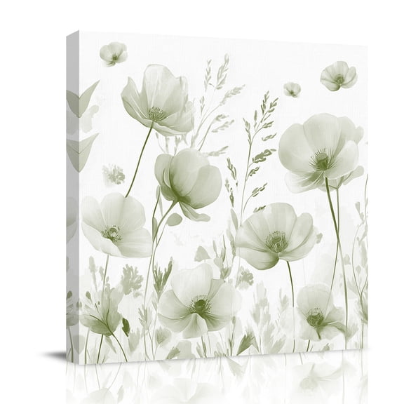 Canvas Wall Art, Sage Green Spring Floral Framed Canvas Prints for Bedroom Office, Summer Botanical Watercolor Vintage Large Gallery Wrapped Wall Decor for Home Office, Gifts, 16"x16" Ship Next Day