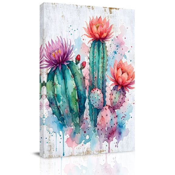 Canvas Wall Art, Saguaro Cactus Framed Canvas Prints for Bathroom Hallway, Pink Flowers Desert Tropical Cactus Small Gallery Wrapped Wall Decor for Home Office, Gifts, 8"x10" Ship Next Day