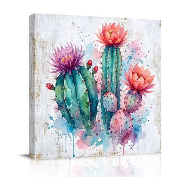 Canvas Wall Art, Saguaro Cactus Framed Canvas Prints for Bathroom Kitchen, Pink Flowers Desert Tropical Cactus Gallery Wrapped Wall Decor for Home Office, Gifts, 10"x10" Ship Next Day