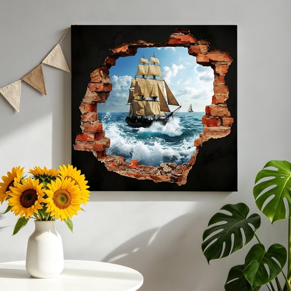 Canvas Wall Art Sailing Ship Canvas Art Print Art Romantic Broken Brick Vintage Vessel Ocean Wave Pictures Wall Decor for Living Room Bedroom Artwork Decorations Stretched Framed Ready to Hang 8"x8"