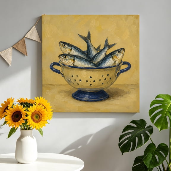 Canvas Wall Art Sardines Fish Canvas Art Print Coastal Nautical Rustic Yellow Colander Bowl Pictures Wall Decor for Living Room Bedroom Artwork Decorations Stretched Framed Ready to Hang 8"x8"