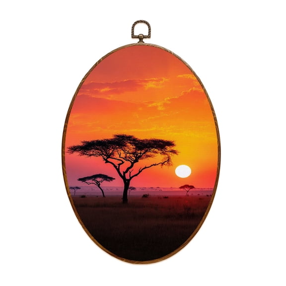 Canvas Wall Art Savanna Sunrise Acacia Tree Tanzania Africa Oval Framed Canvas Prints Vintage Wall Hanging Decor for Home Decorations 8.6"x11.4"