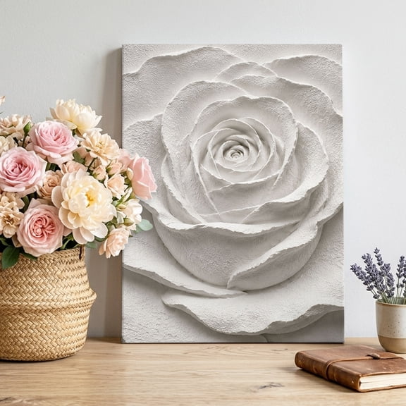 Canvas Wall Art Sculpted Floral Canvas Art Print Rustic Minimalist White Rose Petal Plaster Relief Wall Decor for Living Room Bedroom Artwork Decorations Stretched Framed Ready to Hang 20"x24"