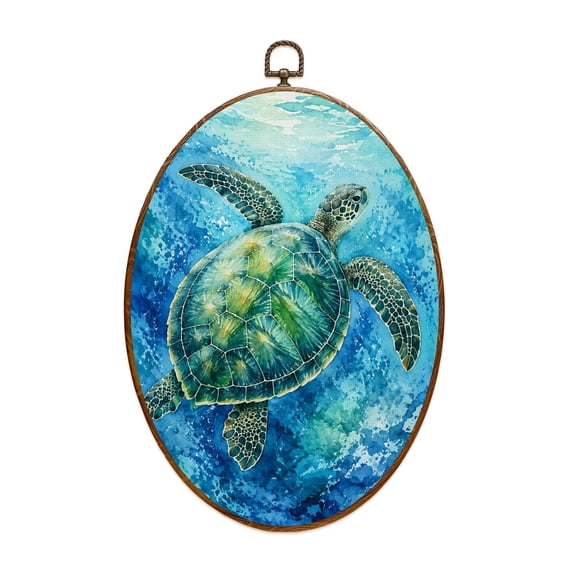 Canvas Wall Art Sea Turtle Bathroom Teal Beach Theme Turtle Wall Art Underwater Scene Oval Framed Canvas Prints Vintage Wall Hanging Decor for Home Decorations 8.6"x11.4"