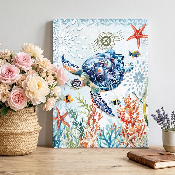Canvas Wall Art, Sea Turtle Coastal Framed Canvas Prints for Bedroom Living Room, Summer Beach Coral Ocean Nautical Gallery Wrapped Wall Decor for Home Office, Gifts, 12"x18" Ship Next Day