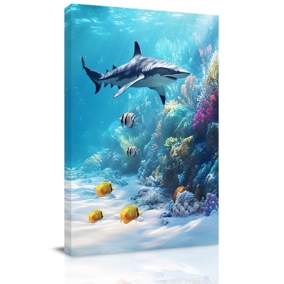 Canvas Wall Art, Shark Coastal Framed Canvas Prints for Kitchen Bedroom, Summer Beach Coral Ocean Nautical Small Gallery Wrapped Wall Decor for Home Office, Gifts, 8"x12" Ship Next Day
