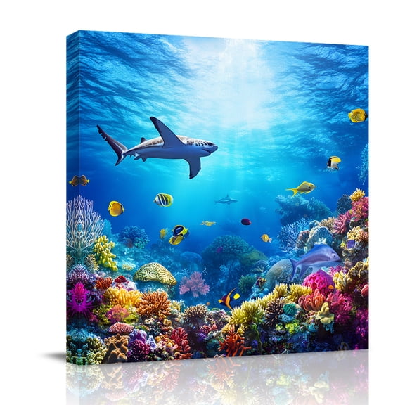 Canvas Wall Art, Shark Framed Canvas Prints for Bathroom Desk, Blue Ocean Underwater Animal Coral Tropical Fish Small Gallery Wrapped Wall Decor for Home Office, Gifts, 8"x8" Ship Next Day