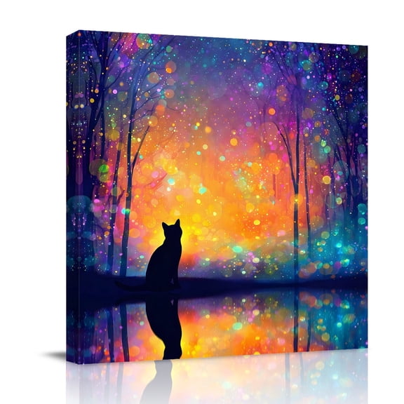 Canvas Wall Art Sitting Black Cat Canvas Art Print Enchanted Forest Fantasy Sky Dreamy Pictures Wall Decor for Living Room Bedroom Artwork Decorations Stretched Framed Ready to Hang 8"x8"