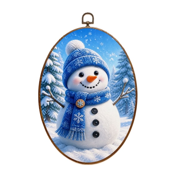 Canvas Wall Art Snowman Winter Let It Snow Blue Outside Yard Decoration Blue Knitted Oval Framed Canvas Prints Vintage Wall Hanging Decor for Home Decorations 8.6"x11.4"