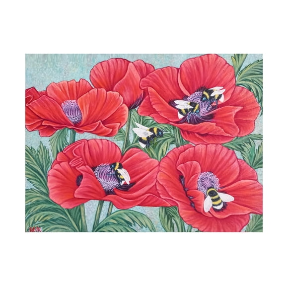 Canvas Wall Art - Sofya Mikeworth 'Bumble Bees and Poppy Flowers' Wall Art for Living Room, Bedroom, or Office Décor by Trademark Fine Art - 19 x 14 Inches