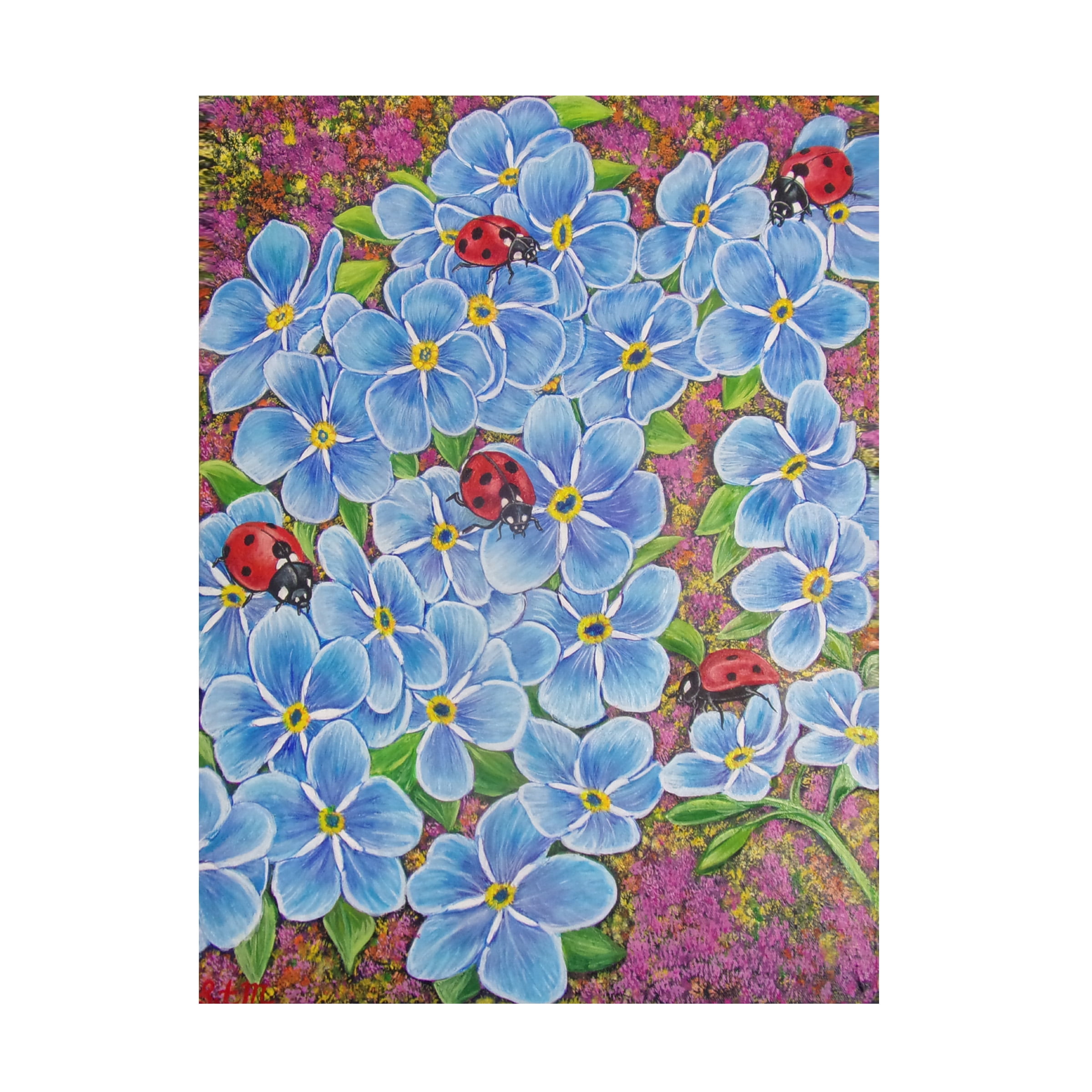 Canvas Wall Art - Sofya Mikeworth 'Ladybugs And Forget-Me-Not Flowers' Wall Art for Living Room, Bedroom, or Office DÃ©cor by Trademark Fine Art - 18 x 24 Inches