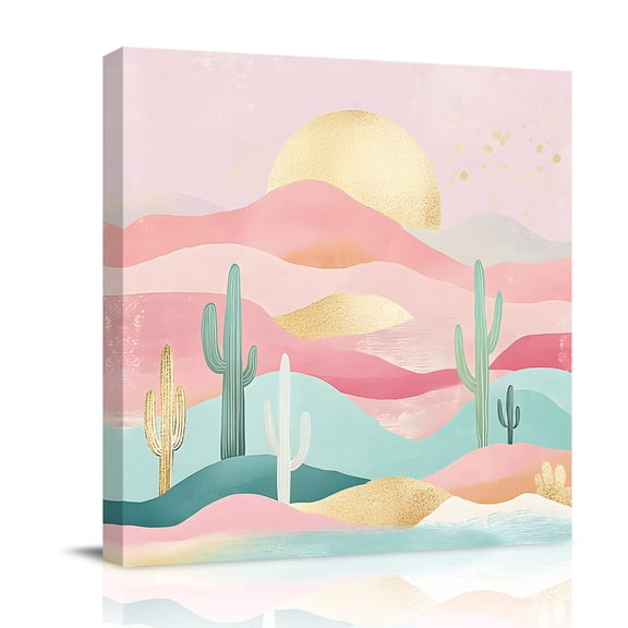Canvas Wall Art, South West Boho Framed Canvas Prints for Bathroom Desk, Abstract Pink Gold Mountains Cactus Small Gallery Wrapped Wall Decor for Home Office, Gifts, 8"x8" Ship Next Day