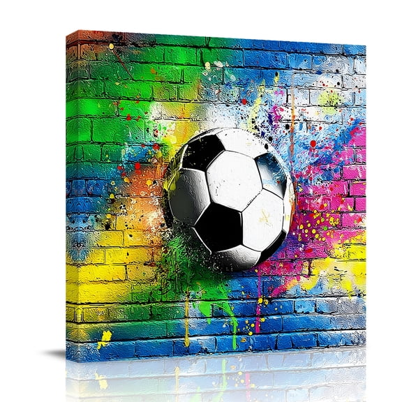 Canvas Wall Art, Splatter Soccer Framed Canvas Prints for Bathroom Desk, Football Paint Drips Industrial Small Gallery Wrapped Wall Decor for Home Office, Gifts, 8"x8" Ship Next Day