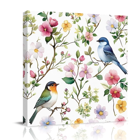 Canvas Wall Art, Spring Bird Floral Framed Canvas Prints for Bathroom Desk, Summer Birds Flowers Watercolor Small Gallery Wrapped Wall Decor for Home Office, Gifts, 8"x8" Ship Next Day