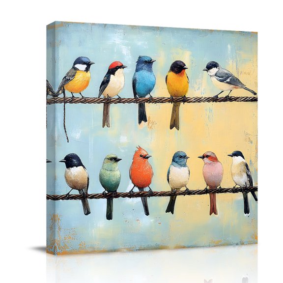 Canvas Wall Art, Spring Bird Framed Canvas Prints for Bathroom Desk, Blue Yellow Colorful Animal Oil Painting Small Gallery Wrapped Wall Decor for Home Office, Gifts, 8"x8" Ship Next Day