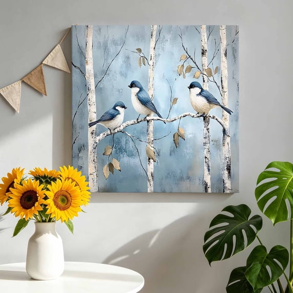 Canvas Wall Art Spring Blue Bird Canvas Art Print Oil Painting Tree Pictures Wall Decor for Living Room Bedroom Artwork Decorations Stretched Framed Ready to Hang 8"x8"