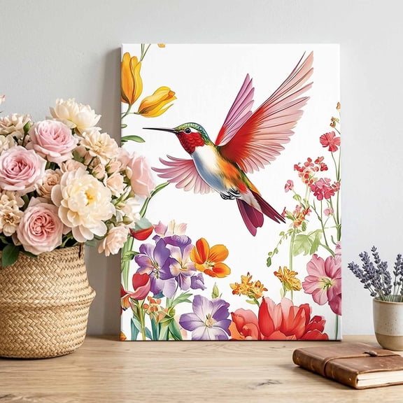 Canvas Wall Art Spring Canvas Art Print Hummingbird Wildflowers Pastoral Scenery Retro Pictures Wall Decor for Living Room Bedroom Artwork Decorations Stretched Framed Ready to Hang 8"x12"