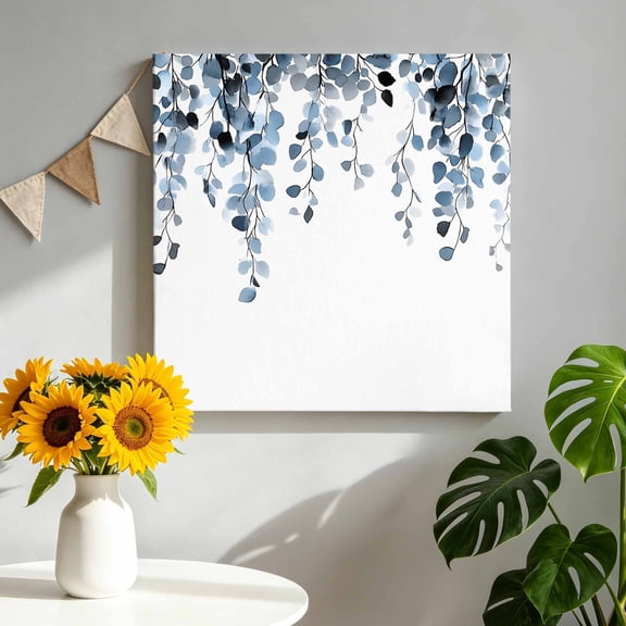 Canvas Wall Art Spring Canvas Art Print Watercolor Blue Eucalyptus Leaves Botanical Plant Pictures Wall Decor for Living Room Bedroom Artwork Decorations Stretched Framed Ready to Hang 8"x8"