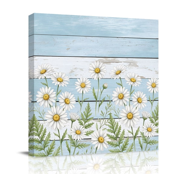 Canvas Wall Art Spring Daisy Canvas Art Print Rustic Wildflower Blue Wood Striped Botanical Pictures Wall Decor for Living Room Bedroom Artwork Decorations Stretched Framed Ready to Hang 16"x16"