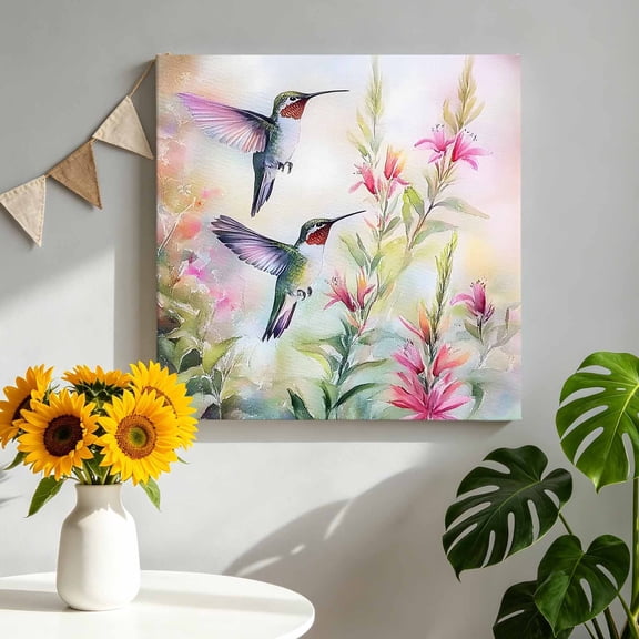 Canvas Wall Art Spring Floral Canvas Art Print Hummingbird Pink Floral Pastoral Spring Scenery Oil Painting Pictures Wall Decor for Living Room Artwork Decorations Framed Ready to Hang 10"x10"