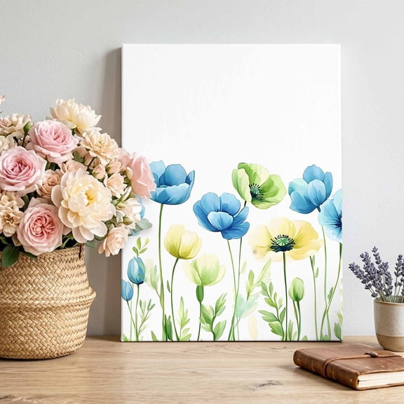 Canvas Wall Art Spring Floral Canvas Art Print Watercolor Blue Yellow Green Flower Pictures Wall Decor for Living Room Bedroom Artwork Decorations Stretched Framed Ready to Hang 22"x28"