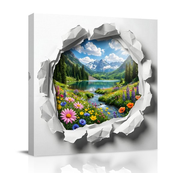 Canvas Wall Art, Spring Floral Framed Canvas Prints for Bathroom Desk, Mountains Forest Lake Summer Botanical Small Gallery Wrapped Wall Decor for Home Office, Gifts, 8"x8" Ship Next Day