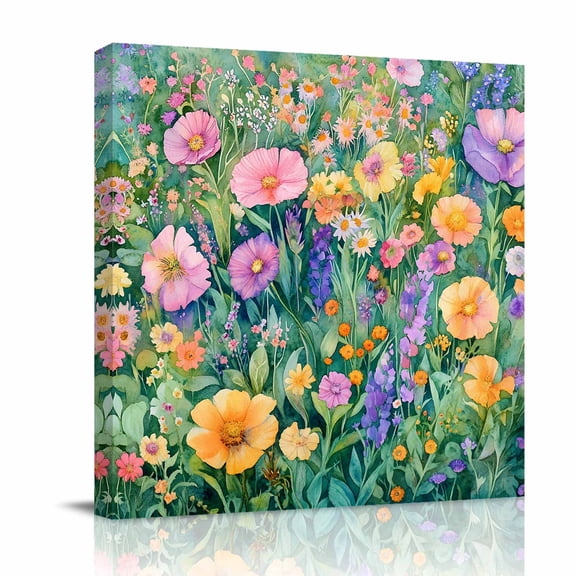 Canvas Wall Art, Spring Floral Framed Canvas Prints for Bathroom Desk, Pink Poppies Wildflowers Green Meadow Small Gallery Wrapped Wall Decor for Home Office, Gifts, 8"x8" Ship Next Day